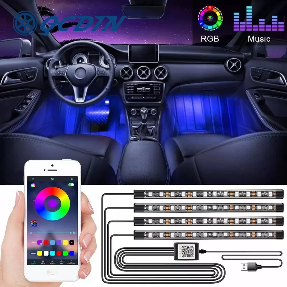 QCDIN Car Decoration Light Interior RGB LED Strip Light Kit With USB Wireless Remote Music Control Multiple Modes